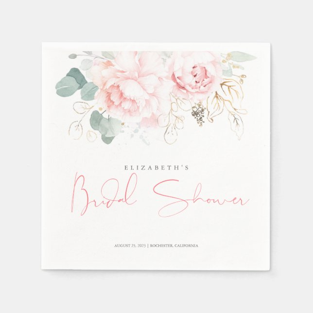 Pink Flowers and Gold Greenery Bridal Shower Napkins (Front)