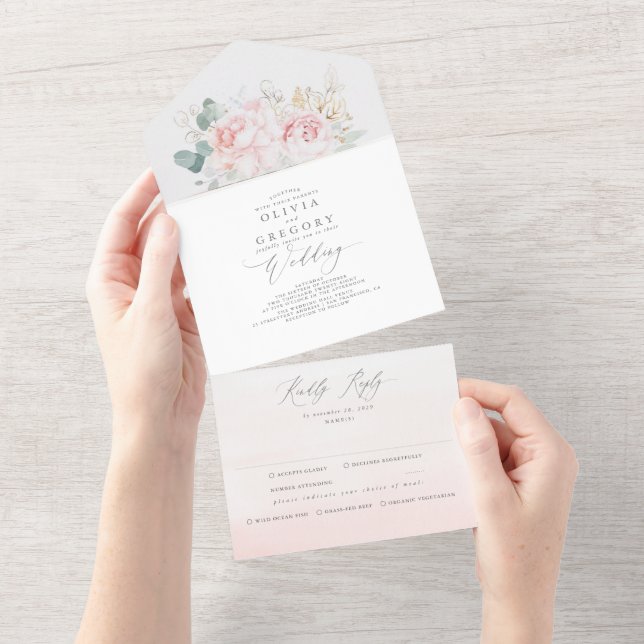 Pink Flowers and Gold Greenery Elegant Wedding All In One Invitation (Tearaway)