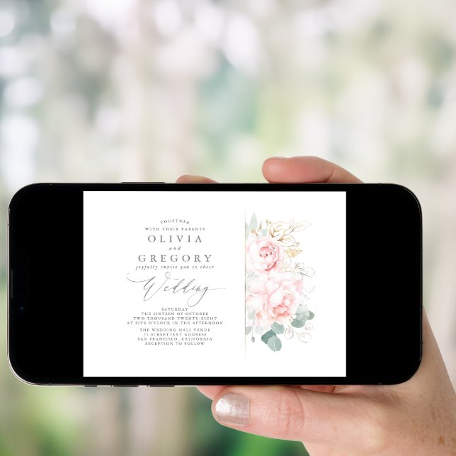 Pink Flowers and Gold Greenery Elegant Wedding Invitation (Front Digital)