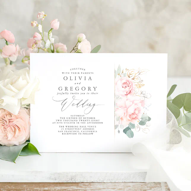 Pink Flowers And Gold Greenery Elegant Wedding Invitation 