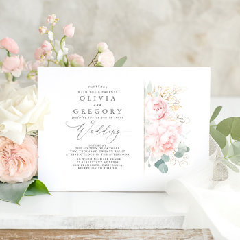 Pink Flowers And Gold Greenery Elegant Wedding Invitation by lovelywow at Zazzle