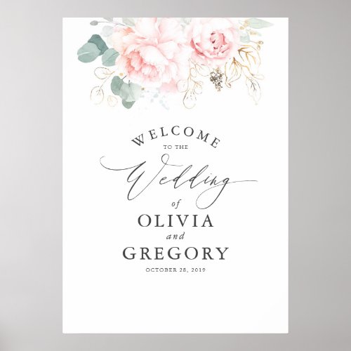 Pink Flowers and Gold Greenery Elegant Wedding Poster