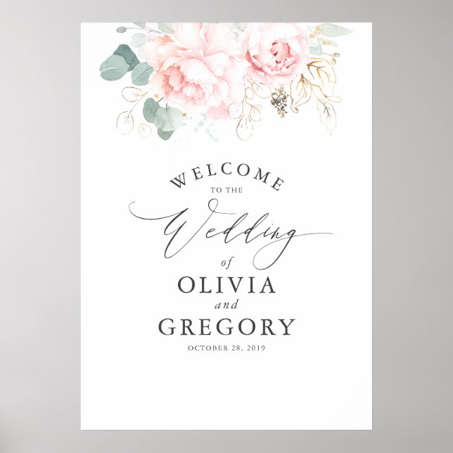 Pink Flowers and Gold Greenery Elegant Wedding Poster (Front)