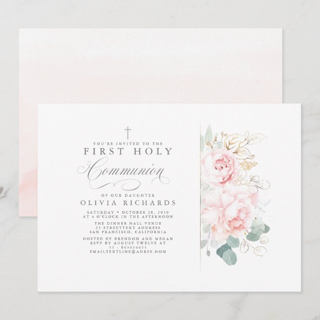 Pink Flowers and Gold Greenery First Communion Invitation (Front/Back)