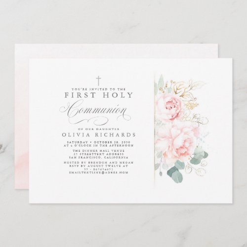 Pink Flowers and Gold Greenery First Communion Invitation