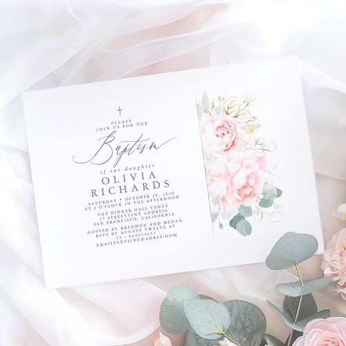 Pink Flowers and Gold Greenery Leaves Baptism Invitation