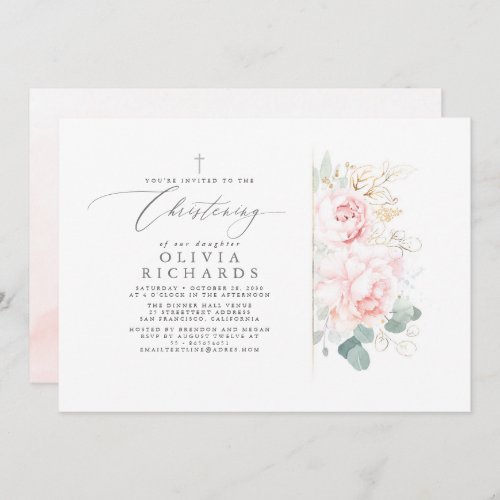 Pink Flowers and Gold Greenery Leaves Christening Invitation
