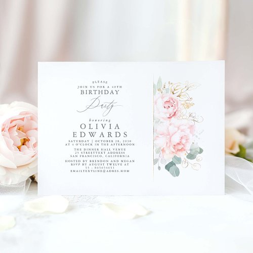 Pink Flowers and Gold Leaves Elegant Birthday Invitation