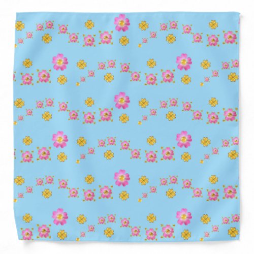 Pink flowers and golden clovers on light blue bandana