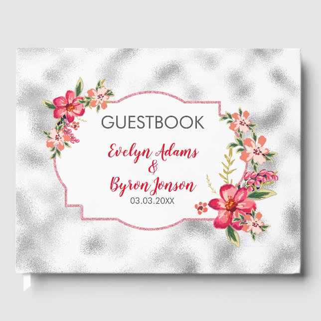 Pink Flowers And Gray Blurred Glass Guest Book (Front)