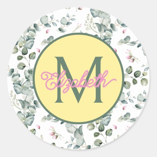 Pink Flowers and Green Leaves on White Monogram Classic Round Sticker