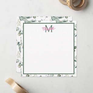 Pink Flowers and Green Leaves on White Monogram Note Card