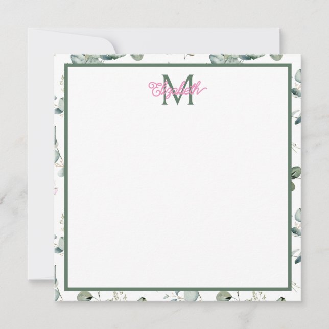 Pink Flowers and Green Leaves on White Monogram Note Card (Front)