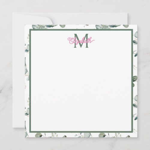 Pink Flowers and Green Leaves on White Monogram Note Card