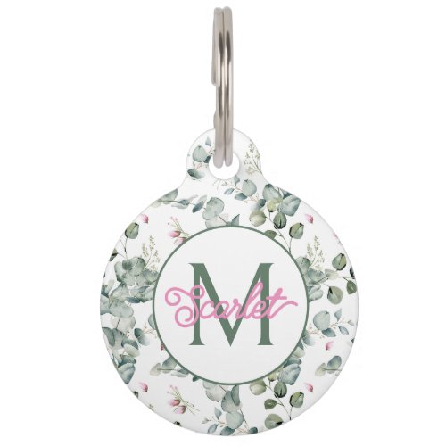 Pink Flowers and Green Leaves on White Monogram Pet ID Tag