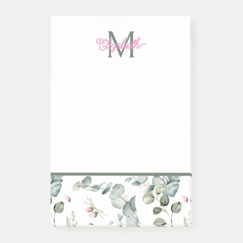 Pink Flowers and Green Leaves on White Monogram Post_it Notes