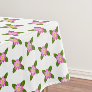 Pink Flowers and Green Leaves on White Tablecloth