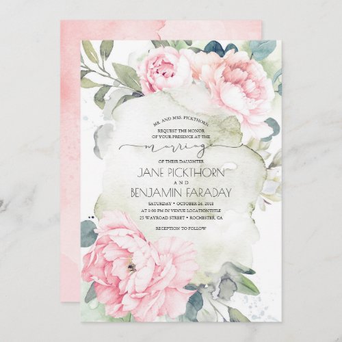 Pink Flowers and Greenery Elegant Vintage Marriage Invitation