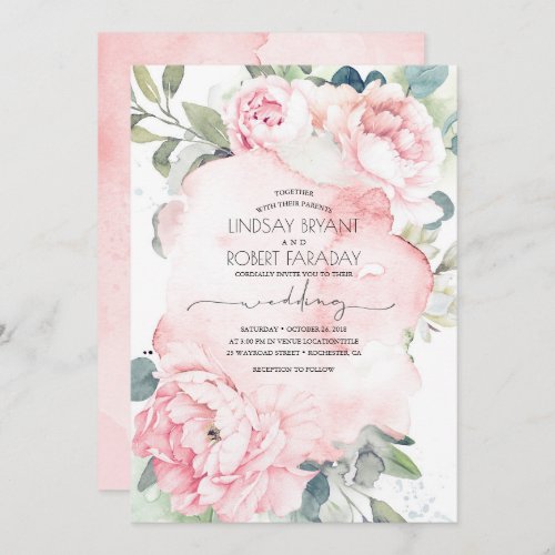 Pink Flowers and Greenery Elegant Vintage Wedding Invitation