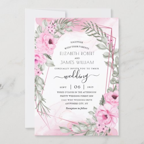 Pink Flowers and Greenery Elegant Vintage Wedding Invitation
