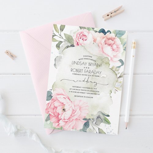 Pink Flowers and Greenery Elegant Vintage Wedding Invitation