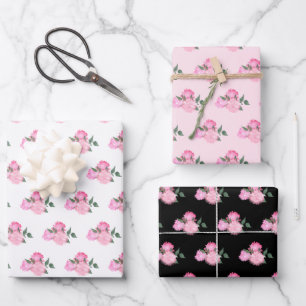 Pink Flowers and Greenery Pattern Wrapping Paper Sheets