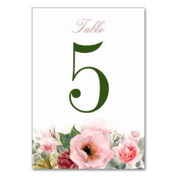 Pink Flowers And Greenery Table Number by lovelywow at Zazzle