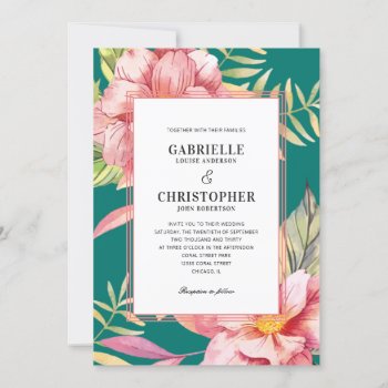 Pink Flowers And Greenery Teal Wedding Invitation by daisylin712 at Zazzle