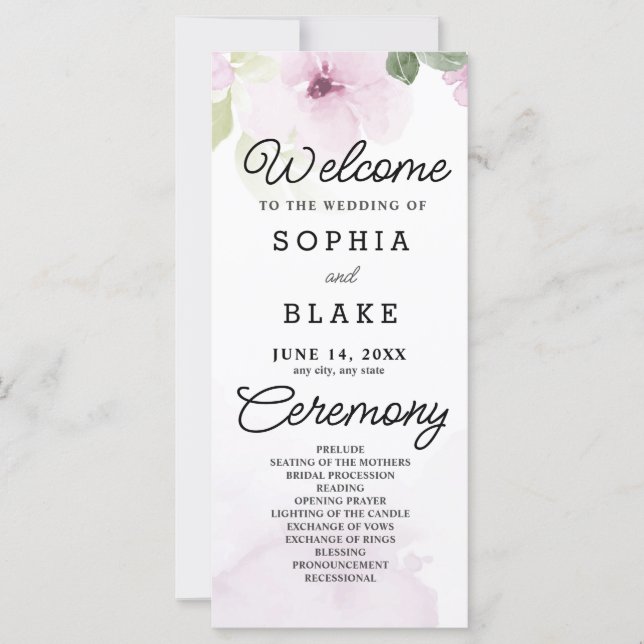 Pink Flowers and Greenery White Wedding Program (Front)