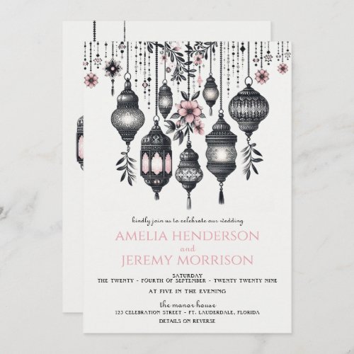 Pink Flowers and Lanterns Details Wedding Invitation