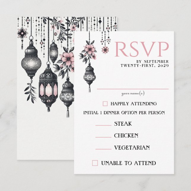 Pink Flowers and Lanterns Food Choices RSVP Card (Front/Back)
