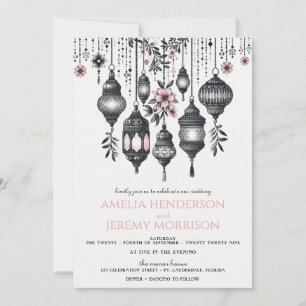 Pink Flowers and Lanterns Wedding Invitation