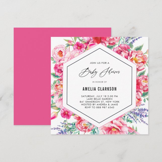 Pink Flowers and Lavender Baby Shower Invitation (Front/Back)