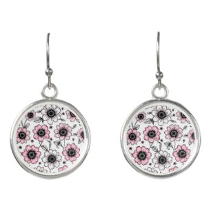 Pink flowers and leaves sketch design earrings