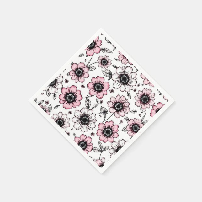 Pink flowers and leaves sketch design napkins (Corner)