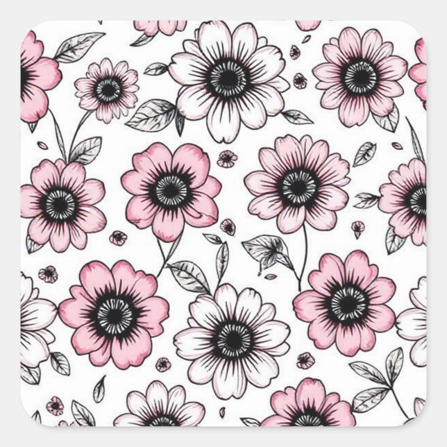 Pink flowers and leaves sketch design square sticker (Front)