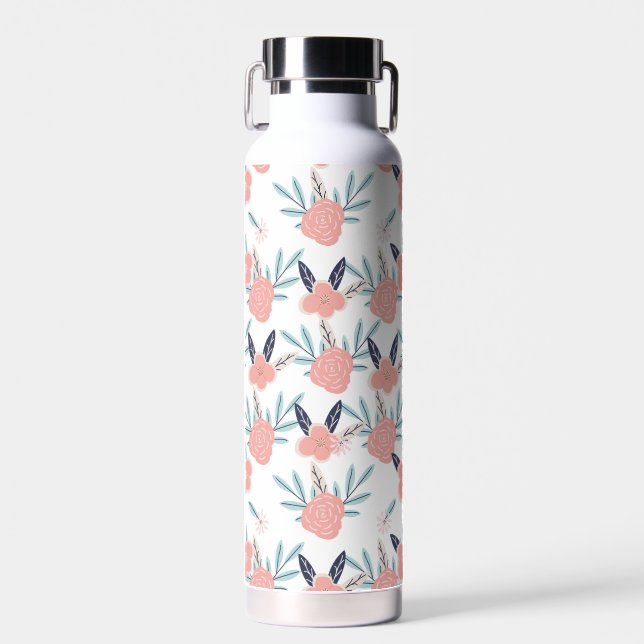 Pink Flowers And Leaves   Water Bottle (Front)