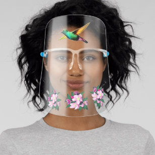 Pink flowers and multicolored hummingbird face shield