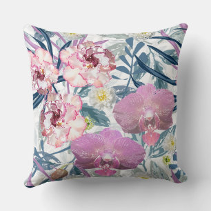 Pink flowers and orchid. throw pillow