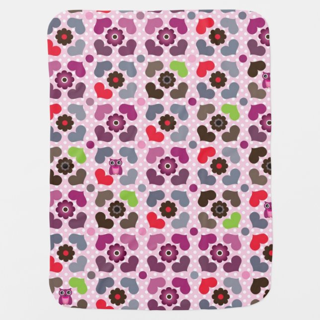 pink flowers and owls pattern baby blanket (Front)