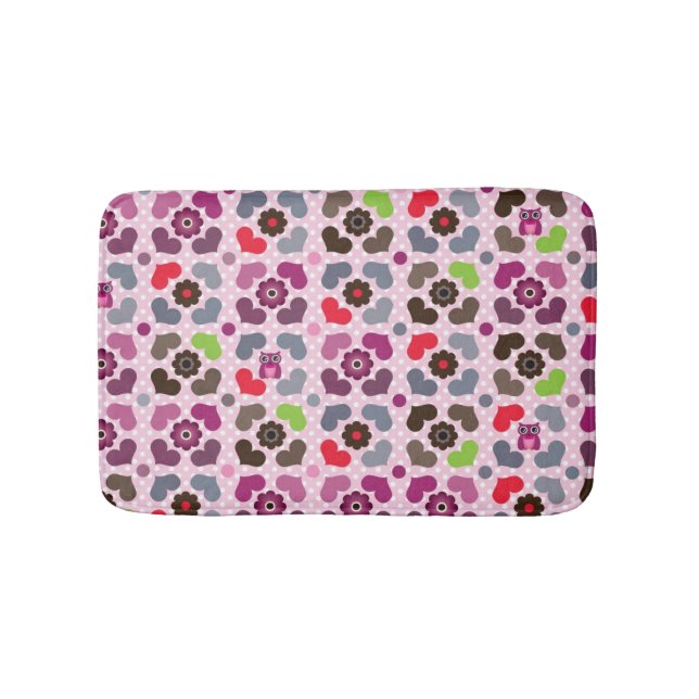 pink flowers and owls pattern bathroom mat (Front)