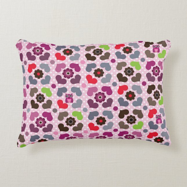 pink flowers and owls pattern decorative pillow (Front)