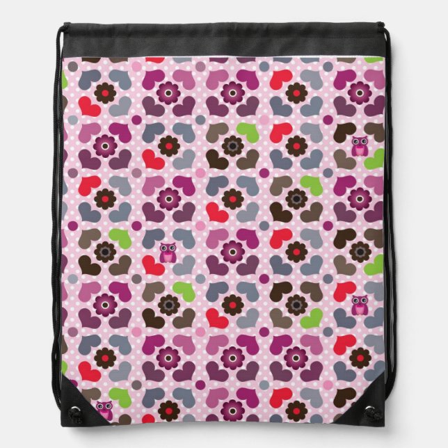 pink flowers and owls pattern drawstring bag (Front)