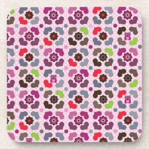 pink flowers and owls pattern drink coaster