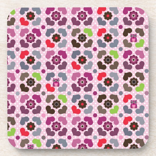 pink flowers and owls pattern drink coaster (Front)