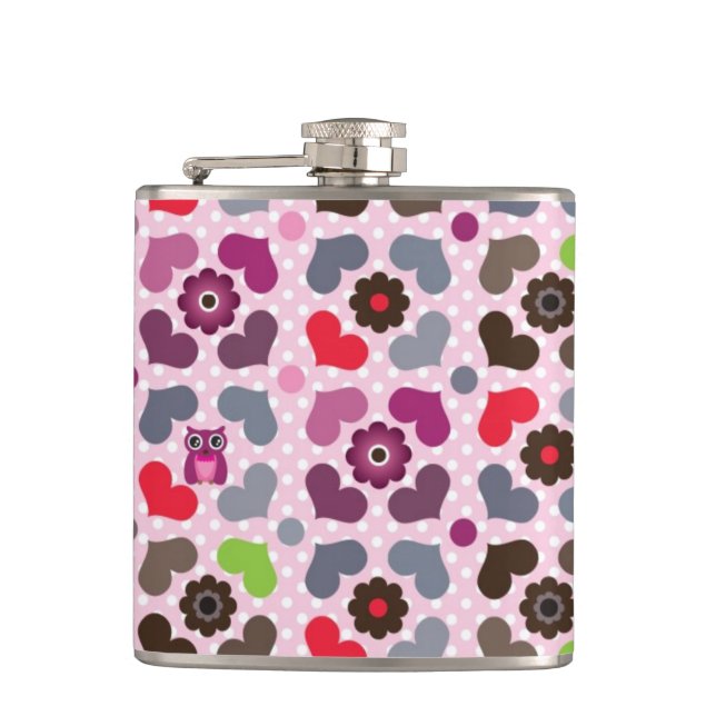 pink flowers and owls pattern flask (Front)
