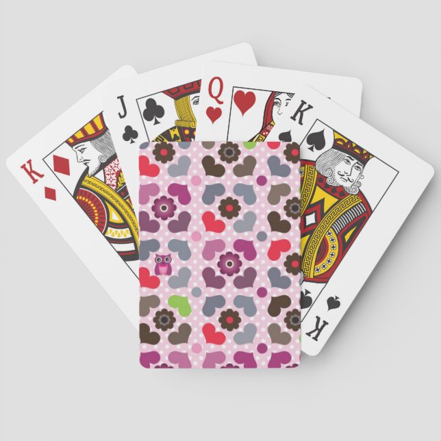 pink flowers and owls pattern poker cards (Back)