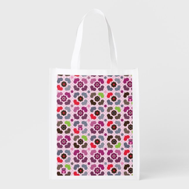 pink flowers and owls pattern reusable grocery bag (Front)