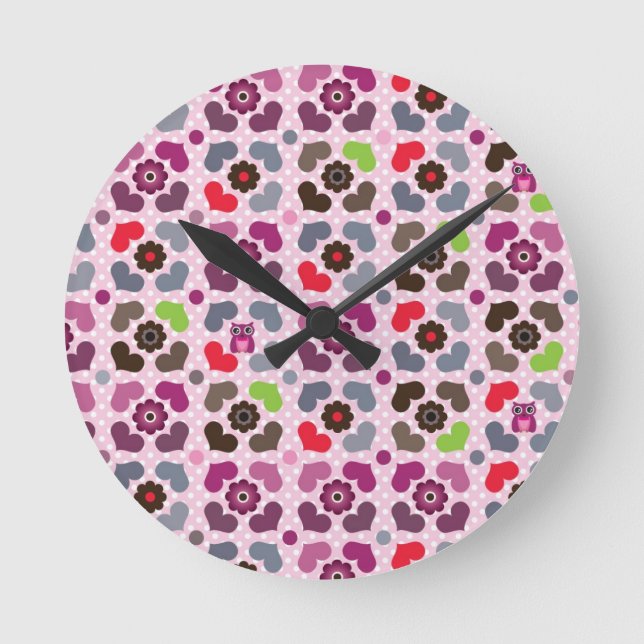 pink flowers and owls pattern round clock (Front)