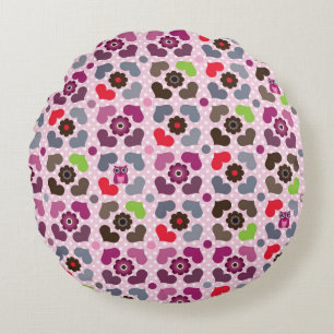 pink flowers and owls pattern round pillow
